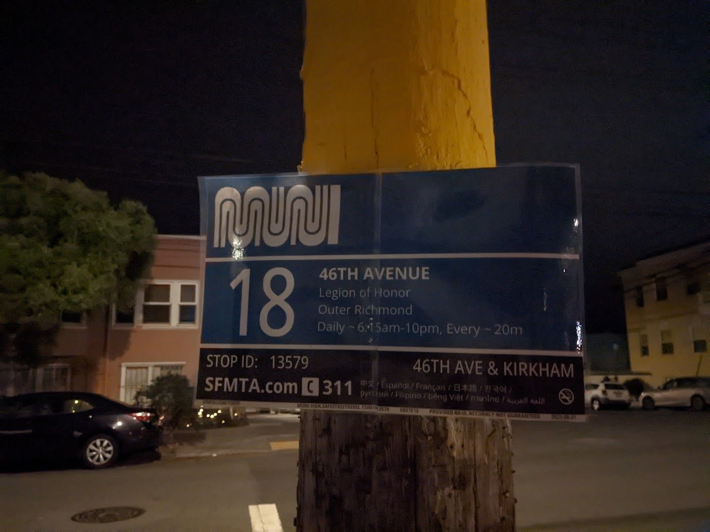 A photo of a completed bus sign attached to a pole at 46th and Kirkham