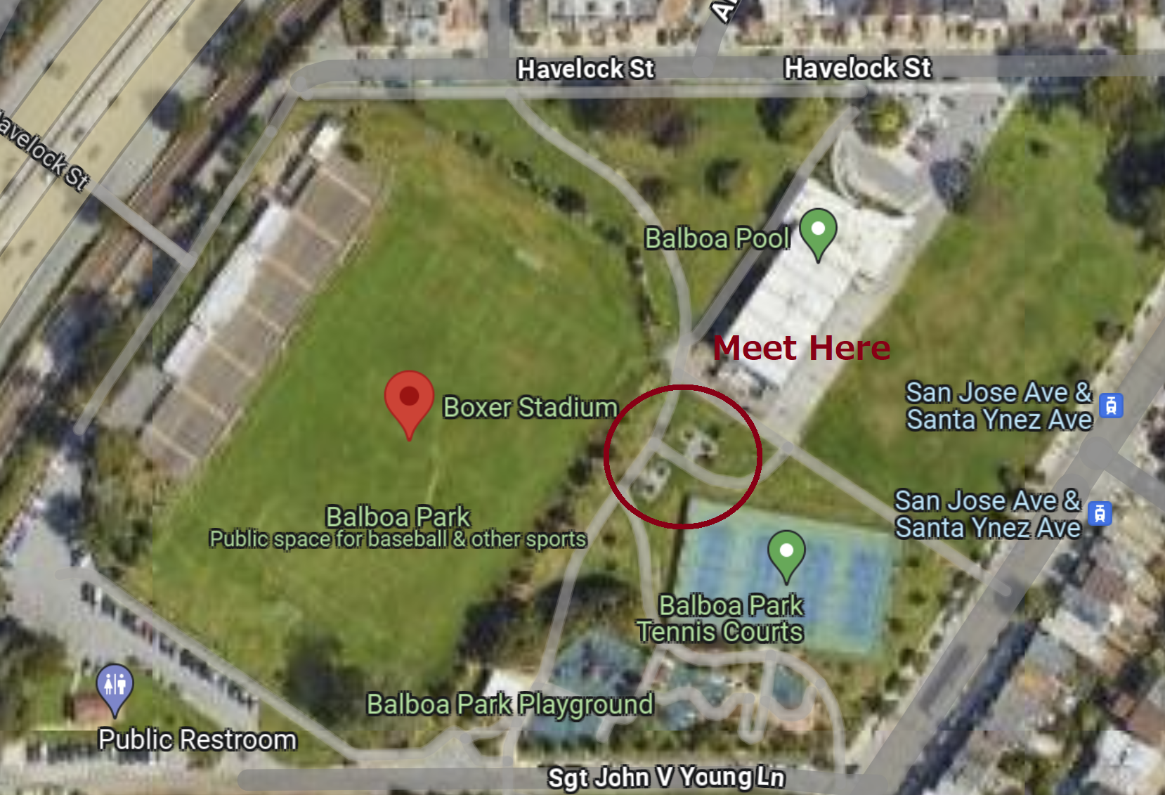 Boxer Stadium in Balboa Park on satellite view, the picnic tables can be seen to the east